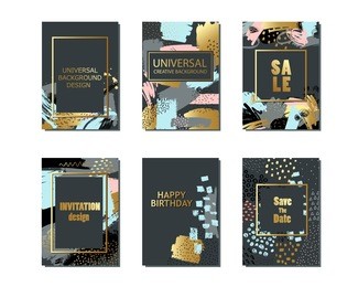 set of creative universal cards and background with hand drawn textures. use them for banner, poster, card, invitation, placard, brochure, flyer. vector art frame for text with gold and black.