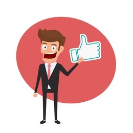 businessman holding thumbs up sign, positive feedback concept. cartoon vector illustration.