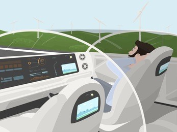 self-driving electric car goes with relaxing passenger. autonomous intelligent car with glass roof. happy man sitting in comfortable car. inside view. flat style illustration.