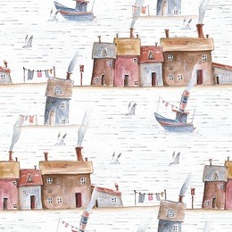 seamless pattern watercolor fishing village, the beach, fishing longboat, boat, fish, rain, water, seagulls, fishermen. norway, holland, england, northern europe. sea, ocean, cold, north, wind.