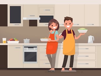 husband and wife are preparing together. man and woman in the kitchen. vector illustration in a flat style