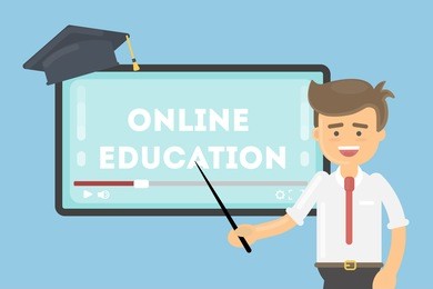online education concept. teacher with pointer shows at the screen. graduating hat.