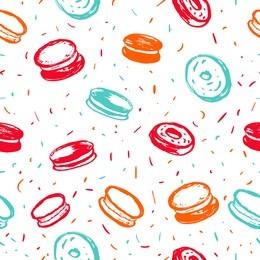 cupcake, macaroon and muffin bright hand drawn seamless pattern. hand drawn items collection. vector illustration for design menus, recipes and packages product.