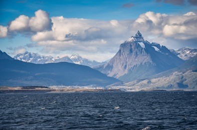 view on ushuaia city from the boat navigating on beagle channel
