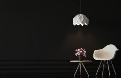 modern living room interior with black wall 3d rendering image.there are minimalist style ,empty black wall,white chair and wood desk