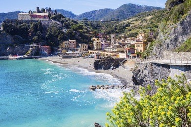 monterosso architecture from the sea. monterosso, liguria, italy.