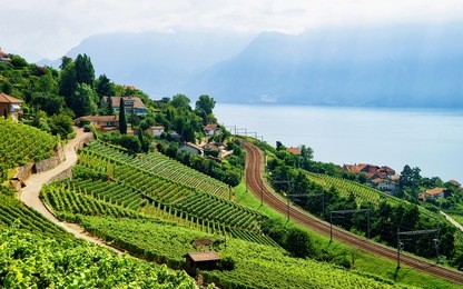 railroad at lavaux vineyard terraces hiking trail, lake geneva and swiss mountains, lavaux-oron district in switzerland