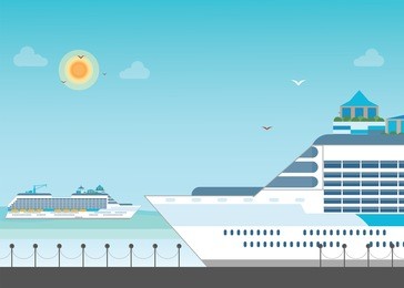 cruise ship anchored  at sea port, ocean traveling visual, flat design vector illustration.