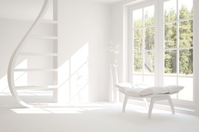 white room with chair and green landscape in window. scandinavian interior design. 3d illustration
