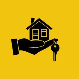house key in hand icon. real estate agent holds the key from home. concept of selling, renting template. vector illustration flat design. silhouette, pictogram. giving keys.