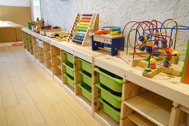 montessori material, kindergarten preschool classroom interior