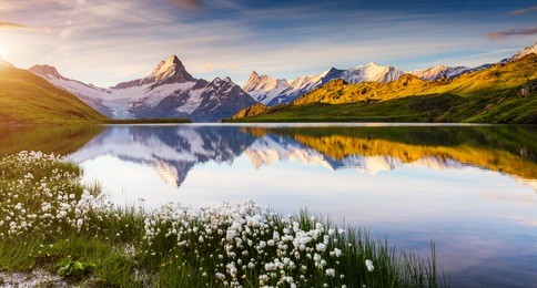 great view of bernese range above bachalpsee lake. dramatic and picturesque scene. popular tourist attraction. location place swiss alps, grindelwald valley, europe. artistic picture. beauty world.