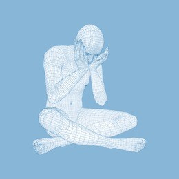 miserable depressed man sitting and thinking. man in a thinker pose. 3d model of man. vector illustration. 