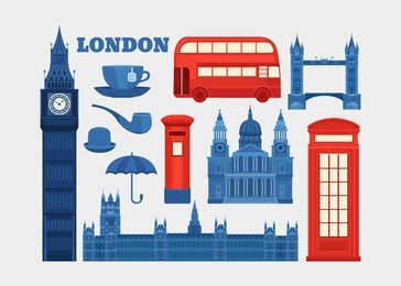 set of vector icons london. sights of britain. collection of elements united kingdom. illustration of england in flat style with telephone booth, mail box, cup of tea, bus, umbrella, pipe and others.