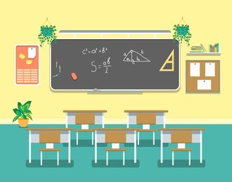 cartoon classroom design interior for school, college and university flat design style. vector illustration
