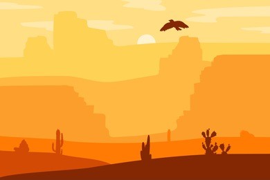 retro wild west galloping horse in desert. vintage sunset in prairie with mustang, cacti and eagle in sky. western day. natural landscape for print, poster, illustration, sticker. vector
