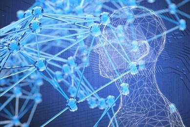 blockchain network , artificial intelligence (ai), machine learning , deep learning , robot age and neural networks concept. wireframe of human , circuit boards and atom background. 3d rendering