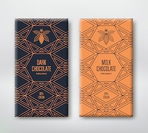 dark and milk chocolate packaging design. line illustration cocoa and geometric pattern. vector template
