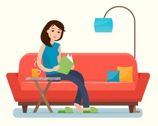 young woman reading book on sofa at home. flat style vector illustration.