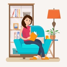 young woman reading book on chair at home. flat style vector illustration.