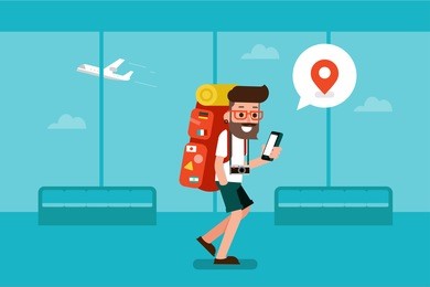 traveler man using mobile phone in airport.