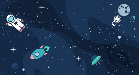 vector flat cosmos design background. cute template with astronaut, spaceship, rocket, moon, black hole, stars in outer space