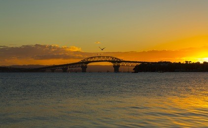 harbour bridge auckland new zealand; sunset time