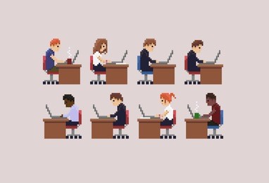 pixel art characters working on their laptops, 8-bit office people