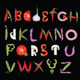 food alphabet made of vegetables. eco font. healthy letter. vector illustration