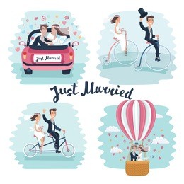 vector funny cartoon illustration of happy newlyweds scenes. wedding couple ride retro bicycle, tandem bike , kisses in marriages car and in hot air ballon.