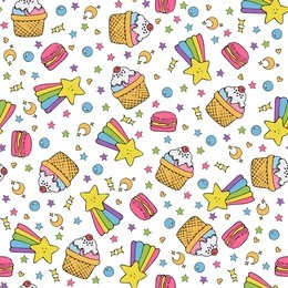 cute seamless pattern with macaroons,cakes and rainbows flying in open space.white background.vector