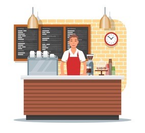 vector illustration of coffee shop design element with barista standing behind of bar counter, coffee making equipment, utensils, menu. coffee shop interior and cartoon character in flat style.