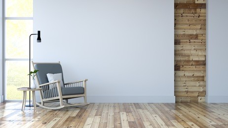 white room interior, lounge chair on wood floor and white wall /3d render