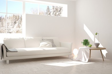 white room with sofa and winter landscape in window. scandinavian interior design. 3d illustration