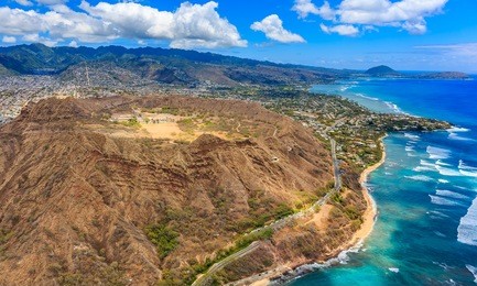 aerial view of diamond head volcano crater on the island of oahu, in honolulu hawaii, from a helicopter