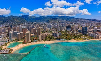 aerial view of waikiki beach in honolulu hawaii from a helicopter