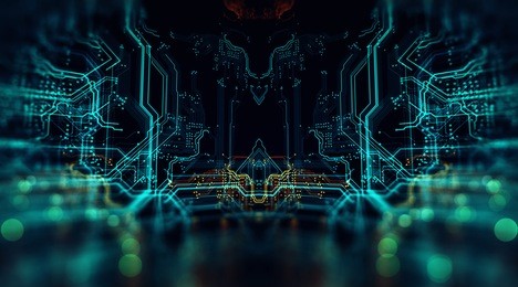  3d illustration. circuit board futuristic server code processing. orange,  green, blue technology background  with bokeh/printed circuit board in the server executes the code.