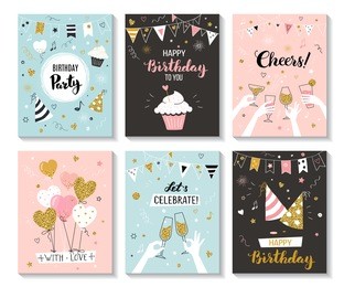 happy birthday greeting card and party invitation templates, vector illustration, hand drawn style