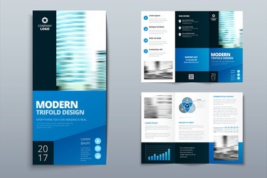 business tri fold brochure design. blue corporate business template for tri fold flyer. layout with modern square photo and abstract background. creative concept folded flyer or brochure.
