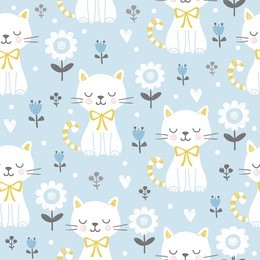 seamless pattern with cute cats
seamless pattern with cute cats. vector illustration with white kittens and flowers on color background.