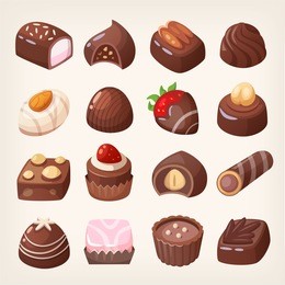 set of colorful chocolate desserts and candies from boxes for special holidays, valentine day, for a lunch snack or coffee break. part 1/4