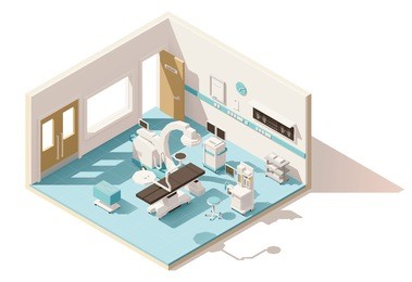 vector isometric low poly hospital operating room. includes operating table, x-ray scanner, anesthesia machine and other equipment