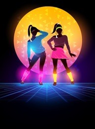 women dressed up 1980's fashion. retro dance background design. vector illustration