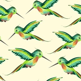 tropical green bird hummingbird vector yellow background seamless pattern