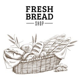 vintage bakery card template. hand drawn of assortment of baked bread 
