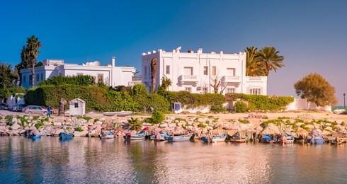 white villa in carthage, tunisia. landscape with sea, palms, boats, and arabic architecture.