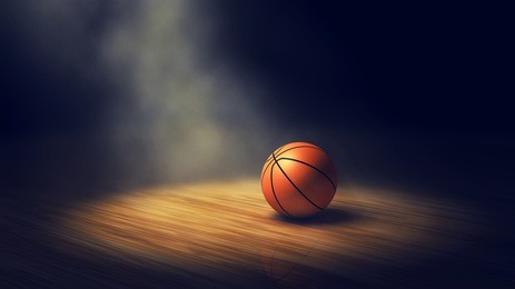 ball on basketball court with spotlight , 3d illustration