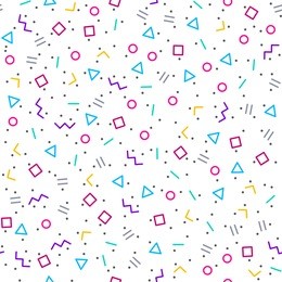 abstract geometric background with different geometric shapes - triangles, circles, dots, lines. memphis style. bright and colorful, 90s style. vector seamless pattern. neon colors