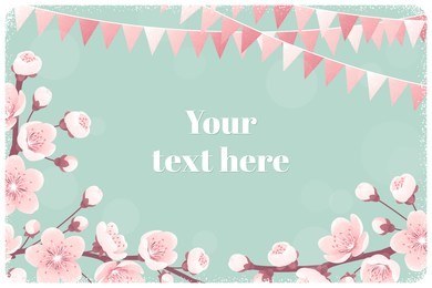 horizontal template with cherry blossom, spring flowers, party flags. retro vector illustration. bokeh background. place for your text. design for invitation, banner, card, poster, flyer