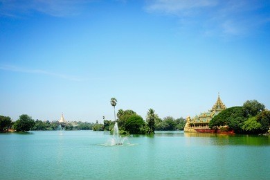 view of karaweik hall, a palace on the eastern shore of kandawgyi lake, yangon, myanmar (burma).